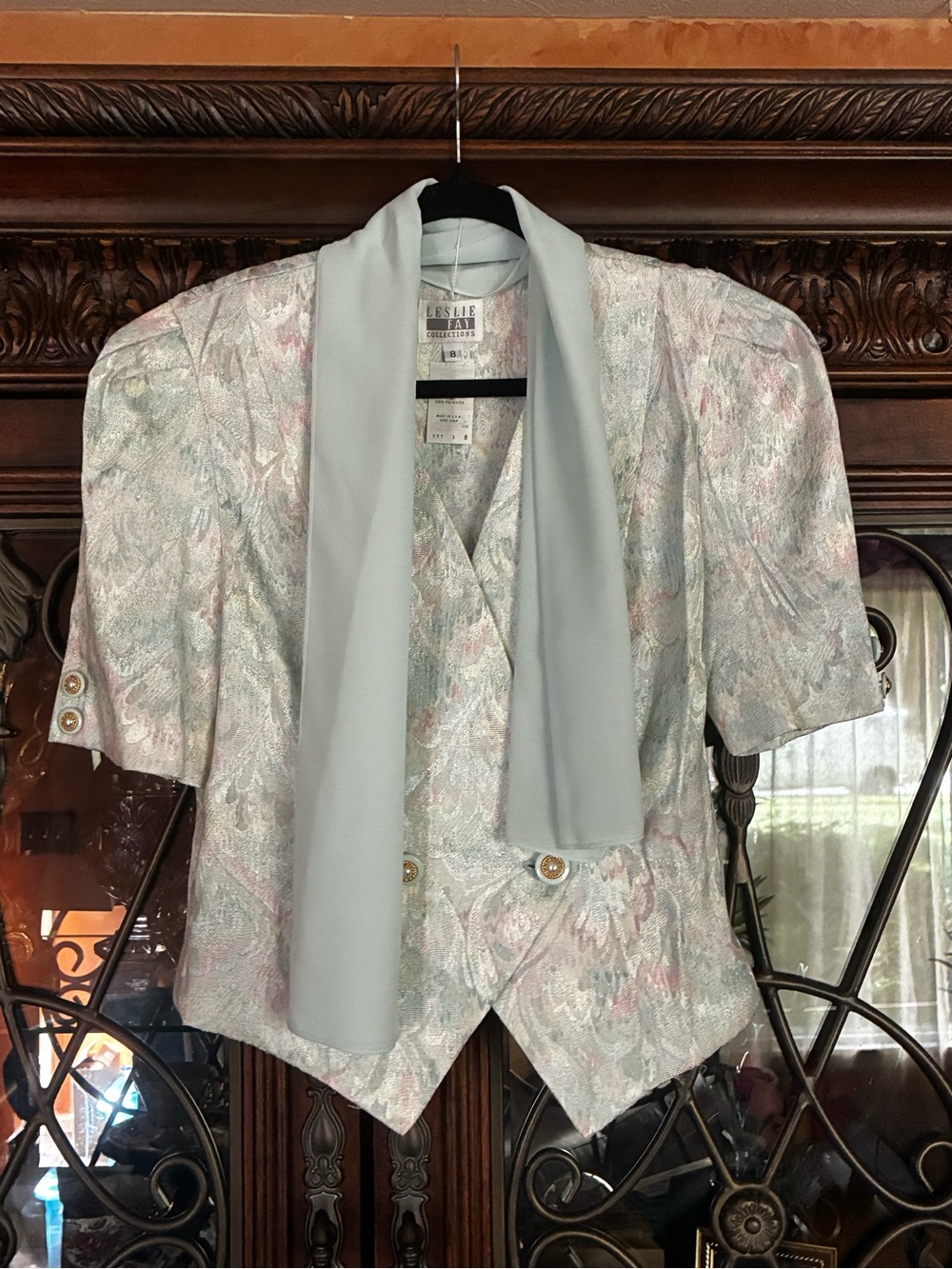 Leslie Fay Pale Silver-Gray Paisley Blazer with Draped Scarf